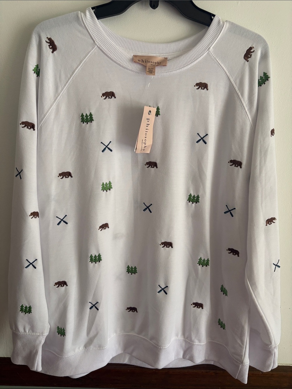 Philosophy White Sweatshirt with Brown Bear & Green Tree Motif Womens